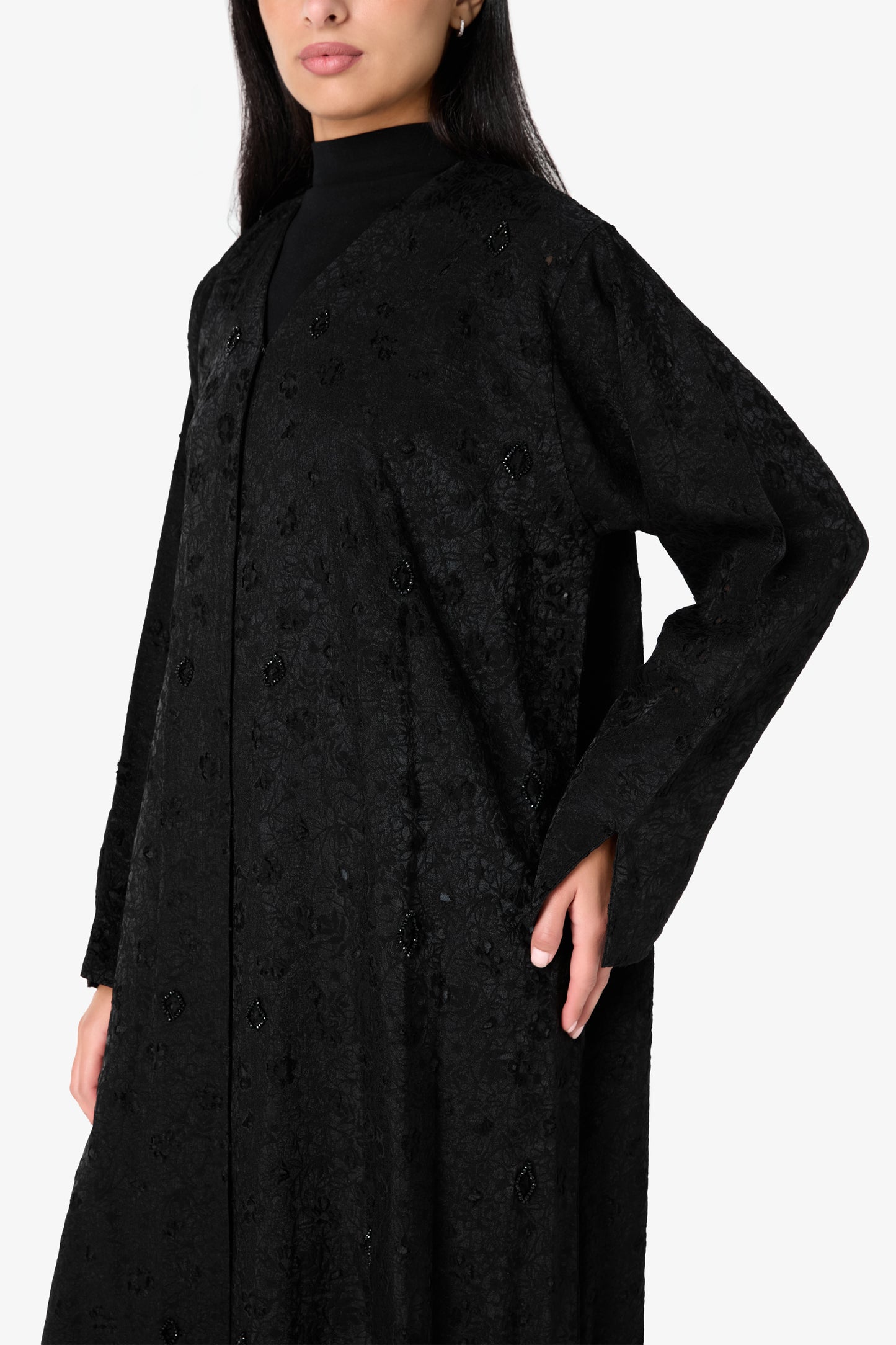 AMAALEEY | Black Textured Floral Embroidered Abaya
