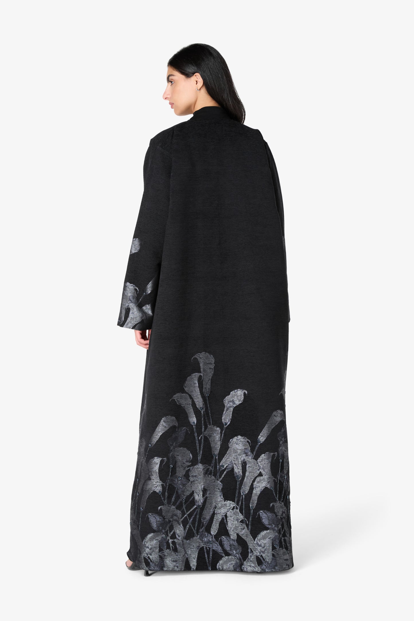 AMAALEEY | Open Black Abaya with Silver Calla Lily Design
