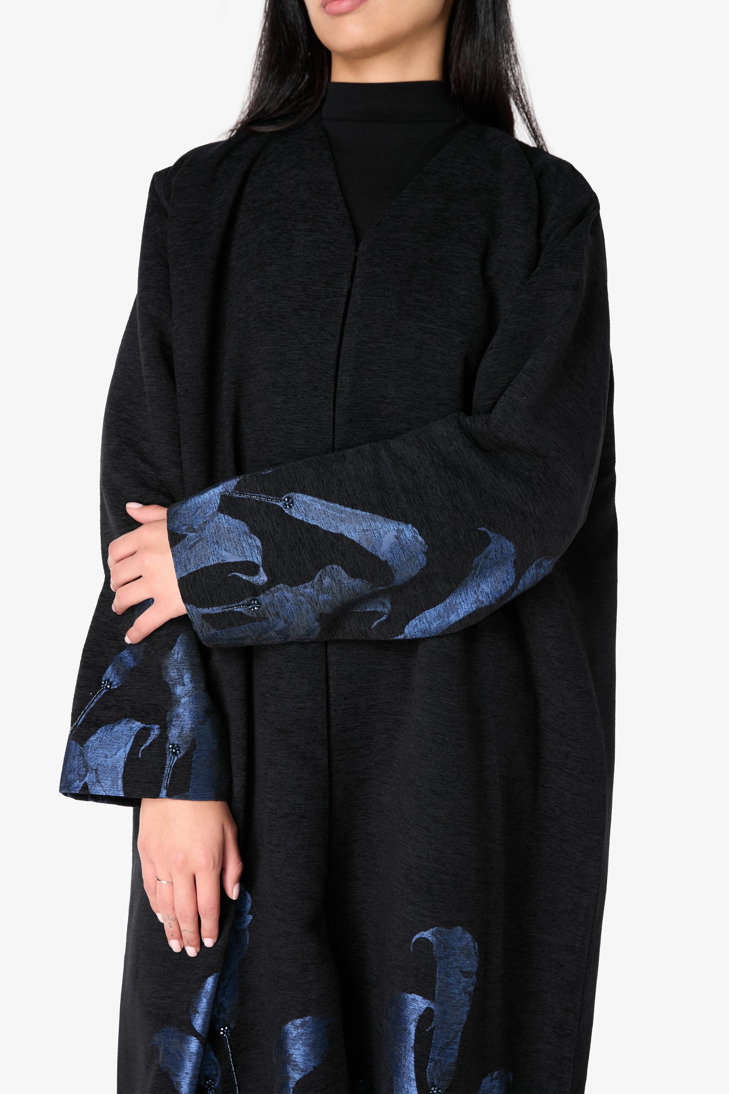 AMAALEEY | Blue Calla Lily Design Black Abaya