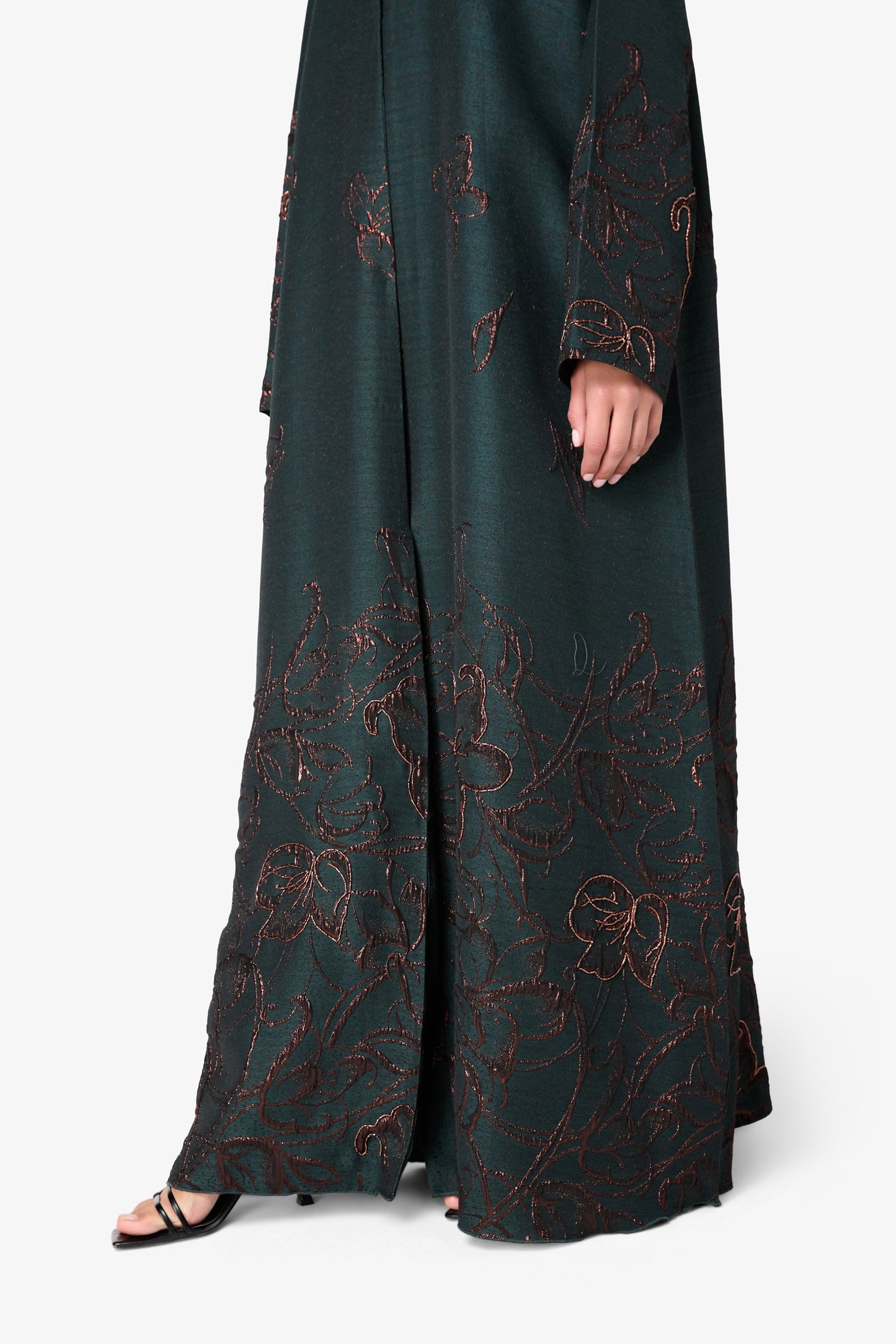 AMAALEEY | Copper-Toned Floral Embroidered Dark Green Abaya