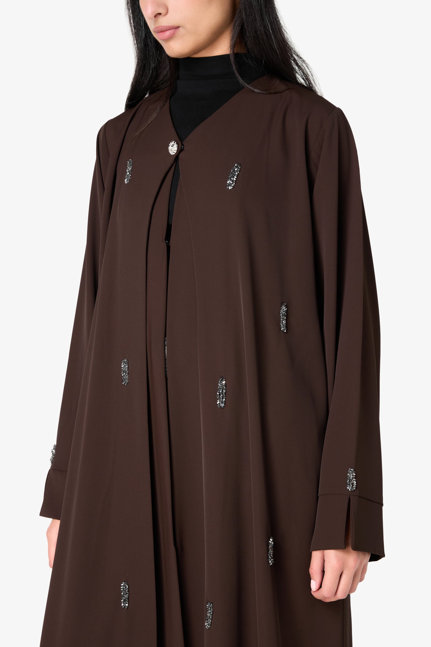 AMAALEEY | Dark Brown Beaded Open Abaya