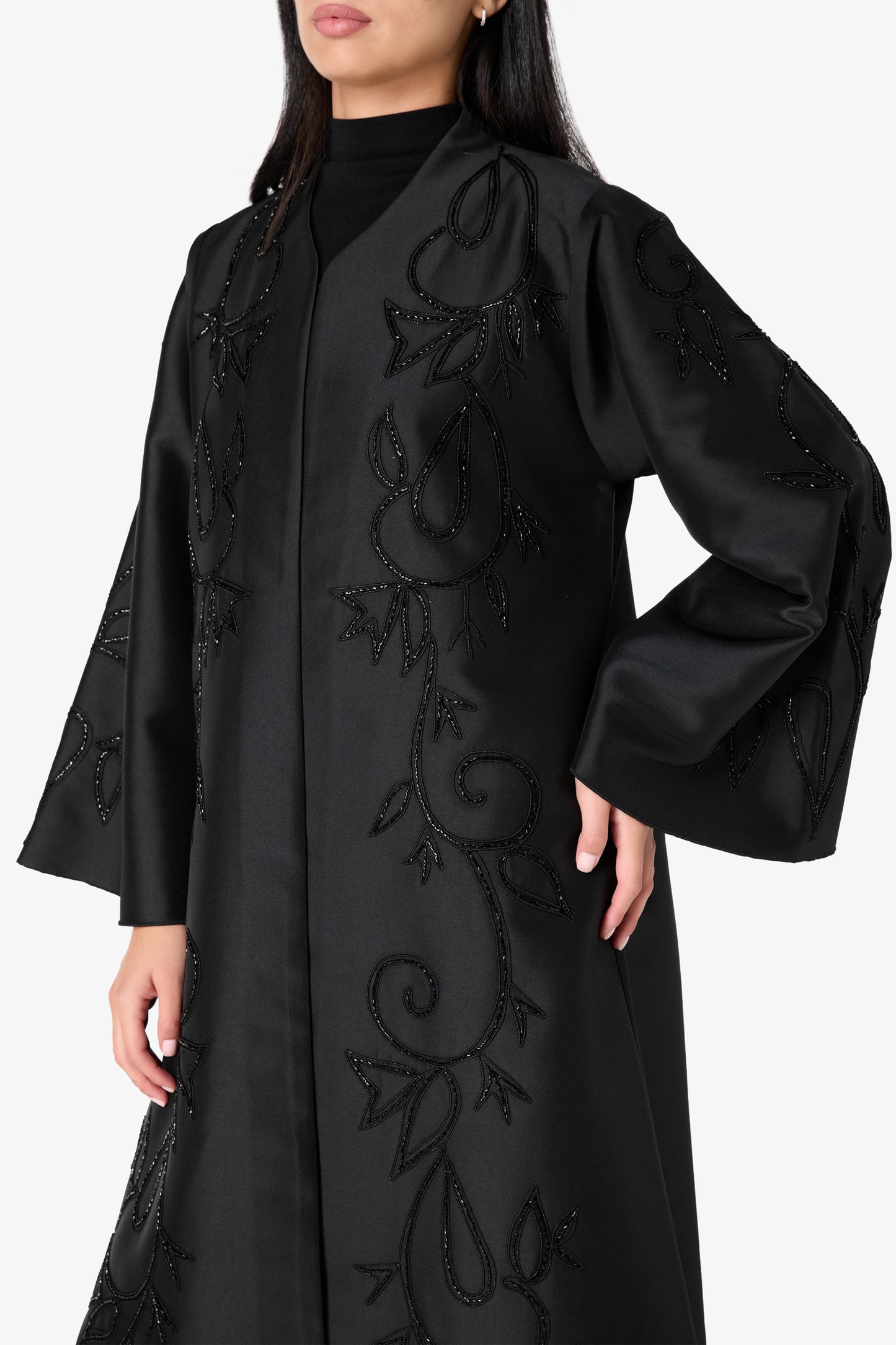 Noir Satin Vine Hand-Beaded Abaya