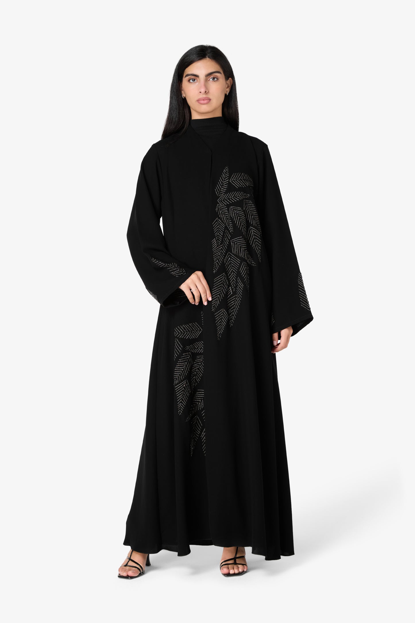 AMAALEEY | Silver Fern Leaf Embroidered Abaya