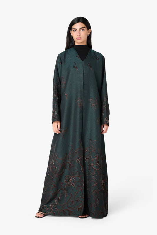 AMAALEEY | Copper-Toned Floral Embroidered Dark Green Abaya