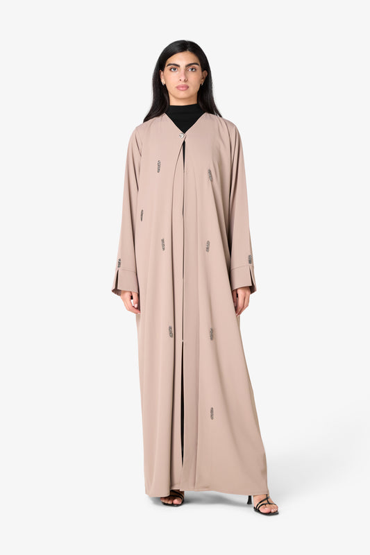 Mauve Taupe Embellished Open Abaya – Minimalist V-Neck Bisht