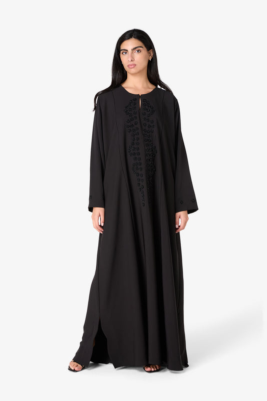 Ornate Lace-Embroidered Abaya with Scalloped Neckline