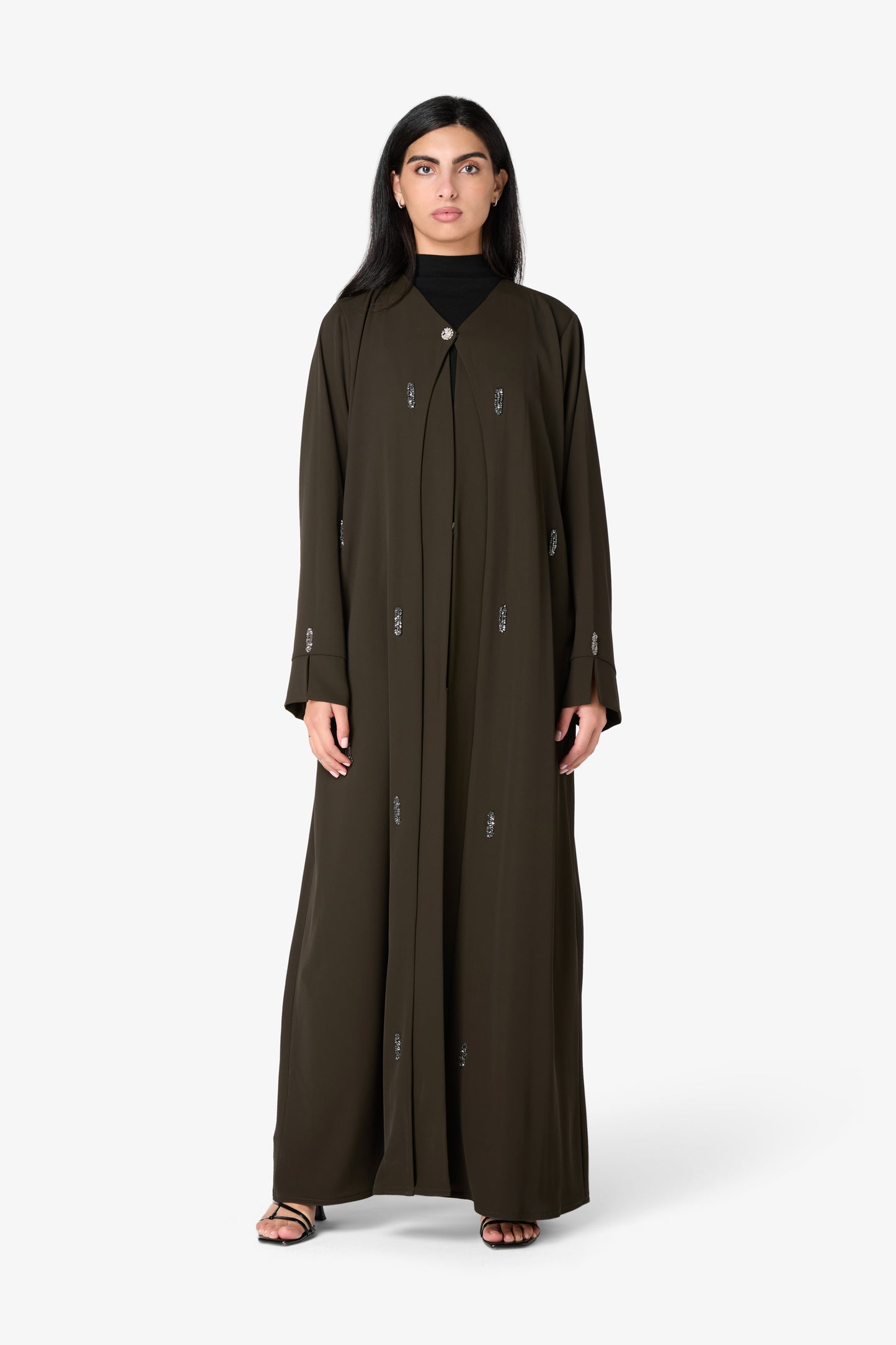 AMAALEEY | Olive Crepe Open Abaya