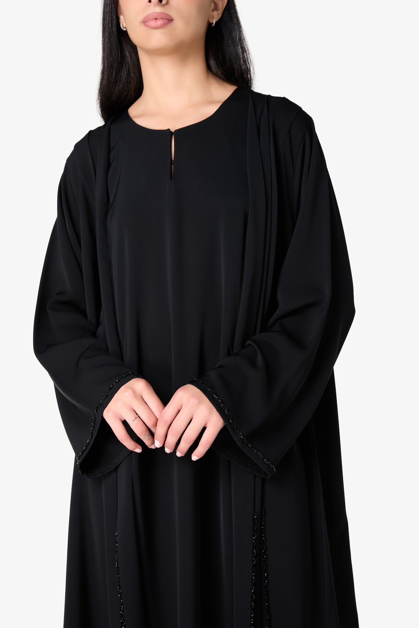 AMAALEEY | Modern Black Abaya with Vertical Details