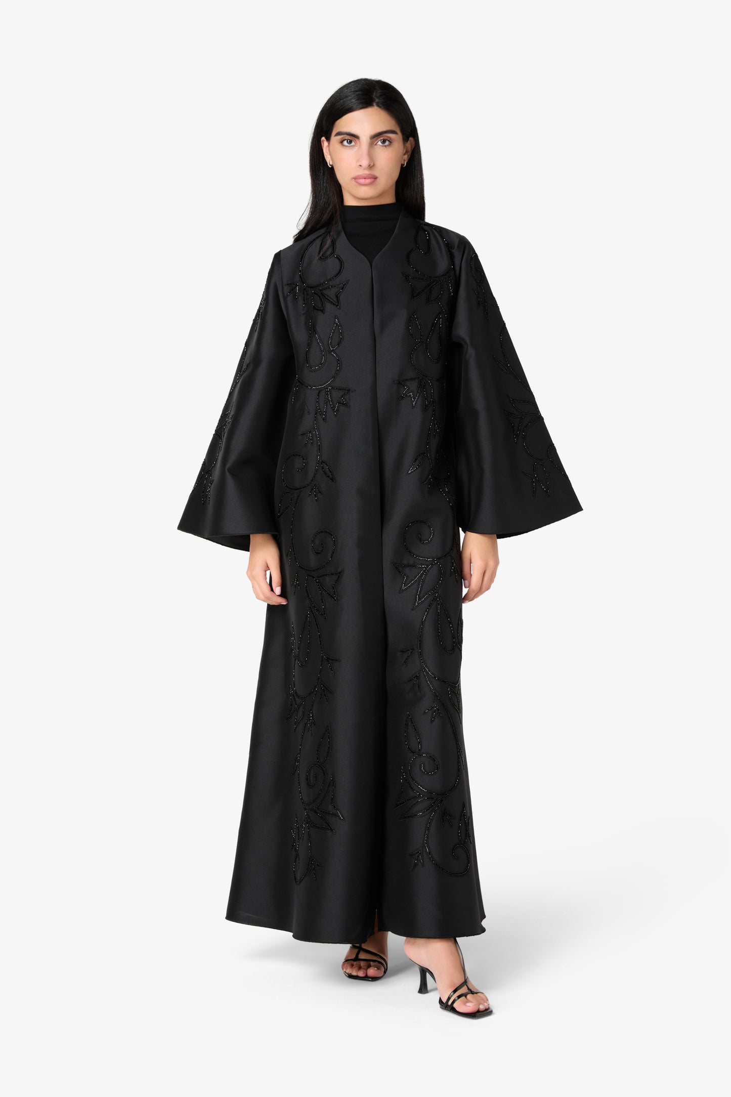Noir Satin Vine Hand-Beaded Abaya