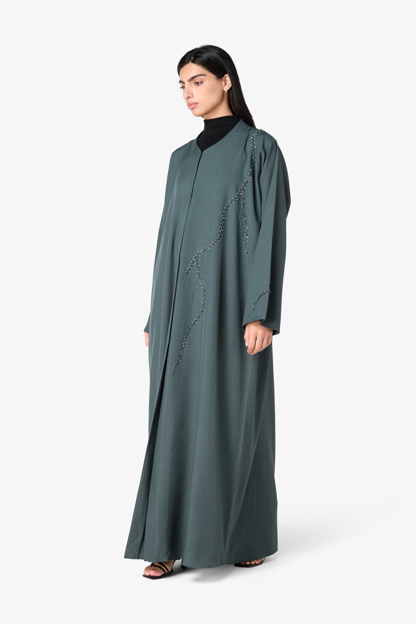 AMAALEEY | Slate Green Embellished Open Abaya