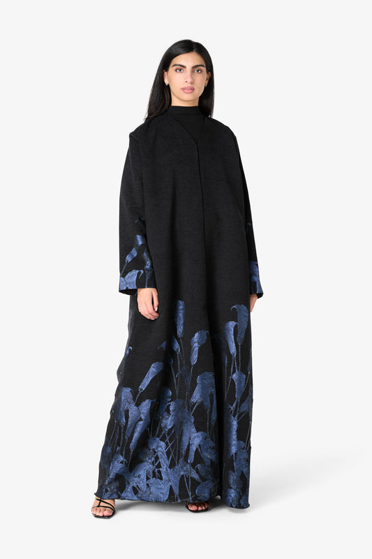 AMAALEEY | Blue Calla Lily Design Black Abaya