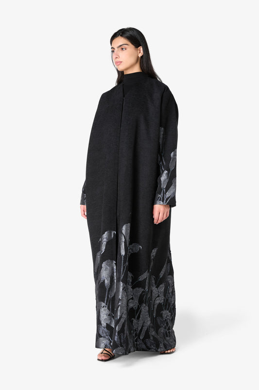 AMAALEEY | Open Black Abaya with Silver Calla Lily Design