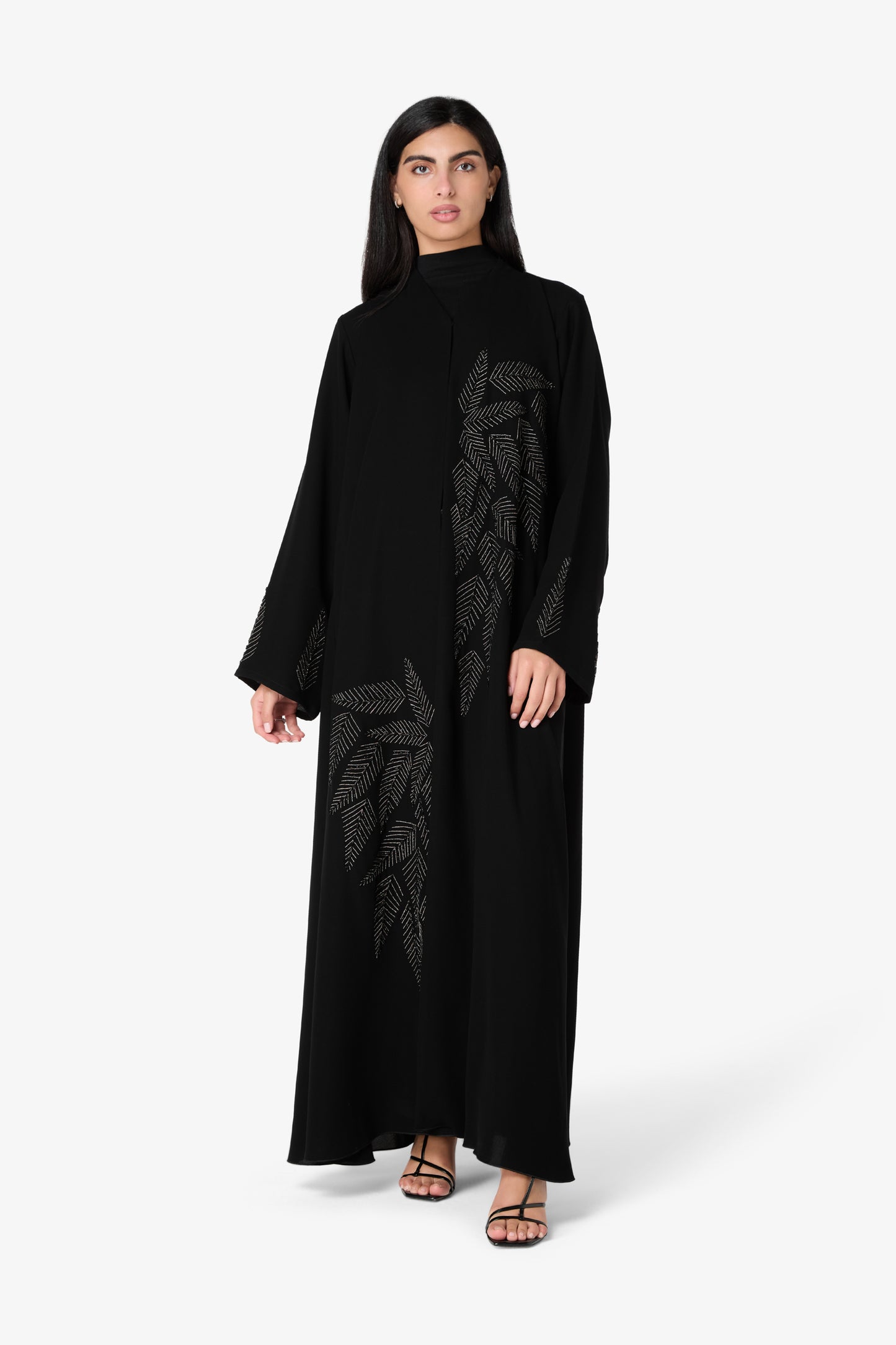 AMAALEEY | Silver Fern Leaf Embroidered Abaya