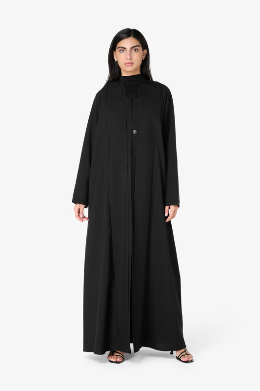 AMAALEEY | Black Layered Shell-Button Abaya