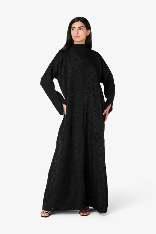 AMAALEEY | Black Textured Floral Embroidered Abaya