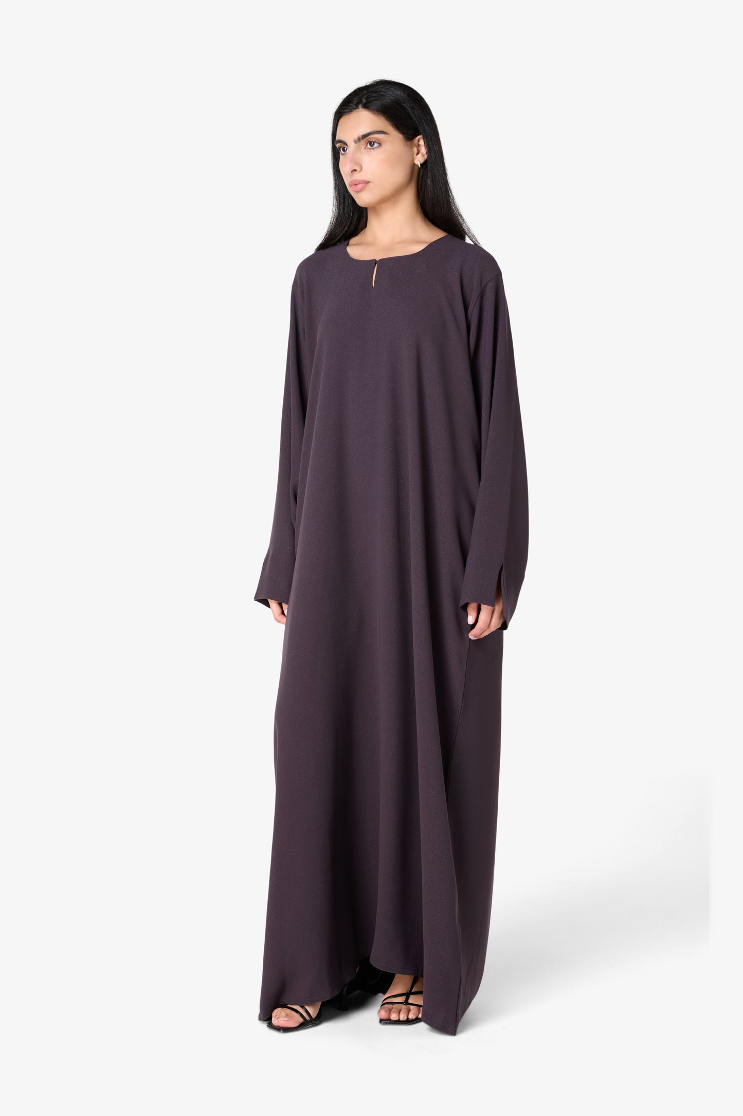 Midnight Plum Shimmer Abaya – Loose Fit Maxi Dress with Keyhole Detail