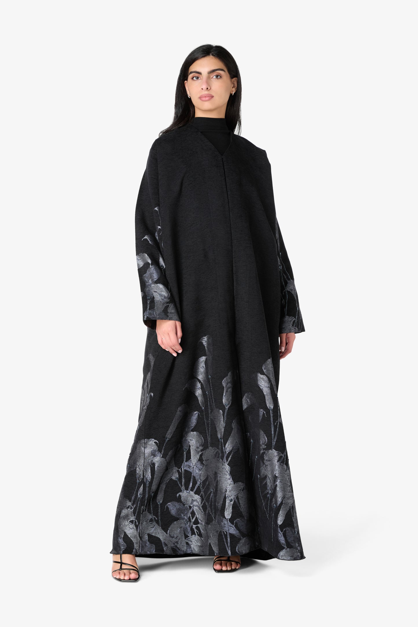AMAALEEY | Open Black Abaya with Silver Calla Lily Design