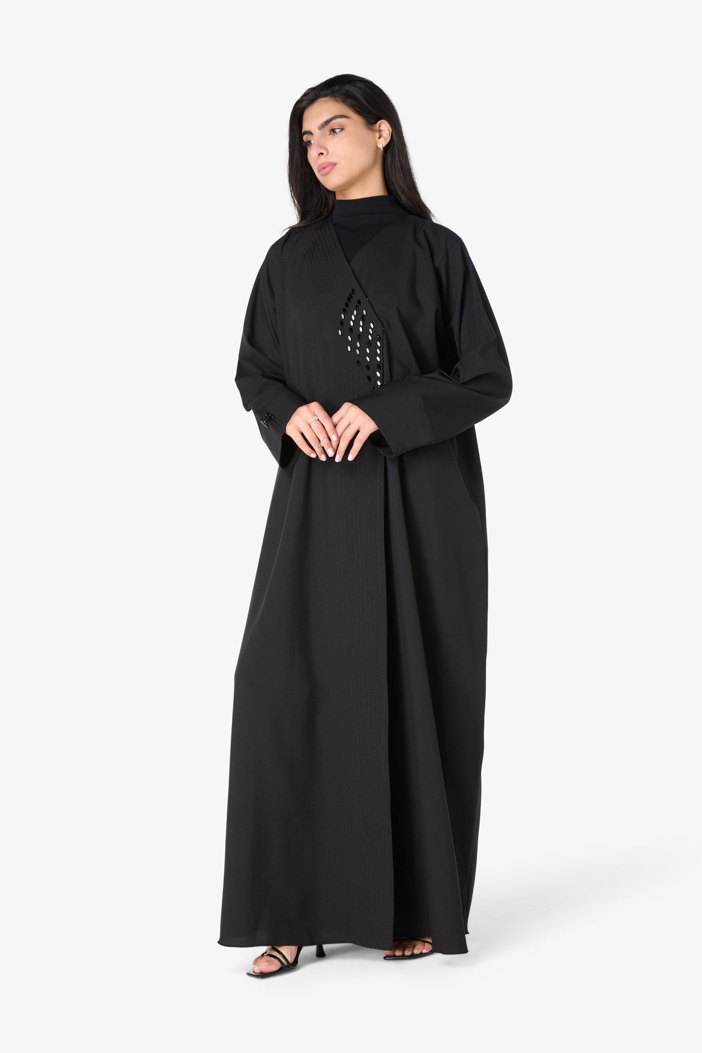 AMAALEEY | Black Embroidered V-Neck Abaya