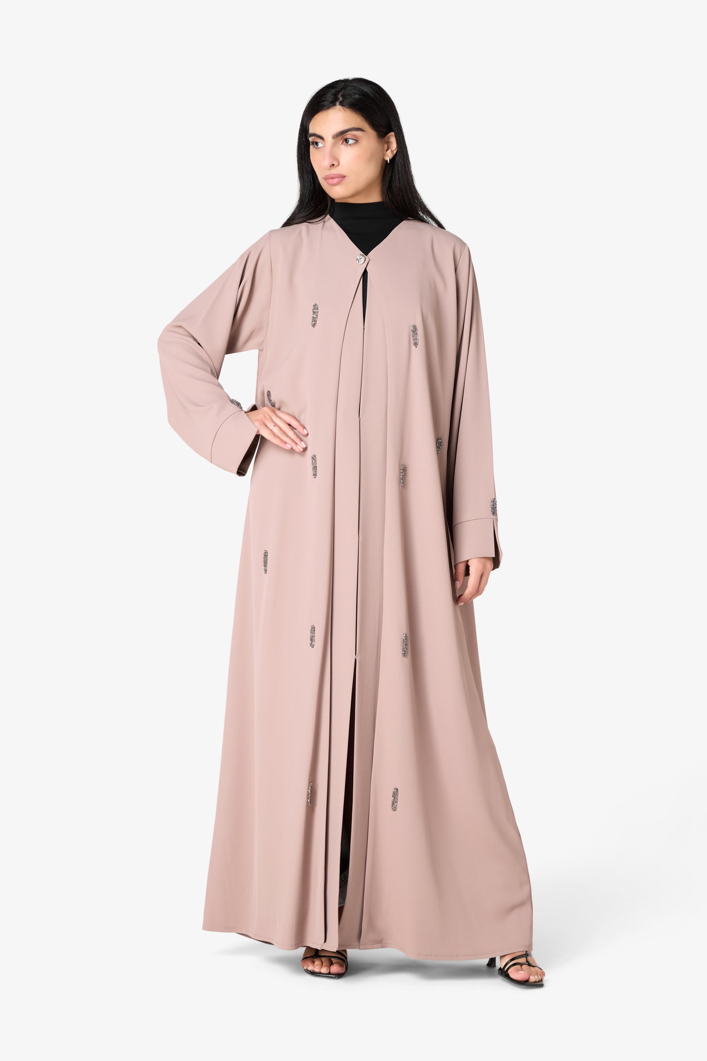 AMAALEEY | Beige Beaded Open Abaya