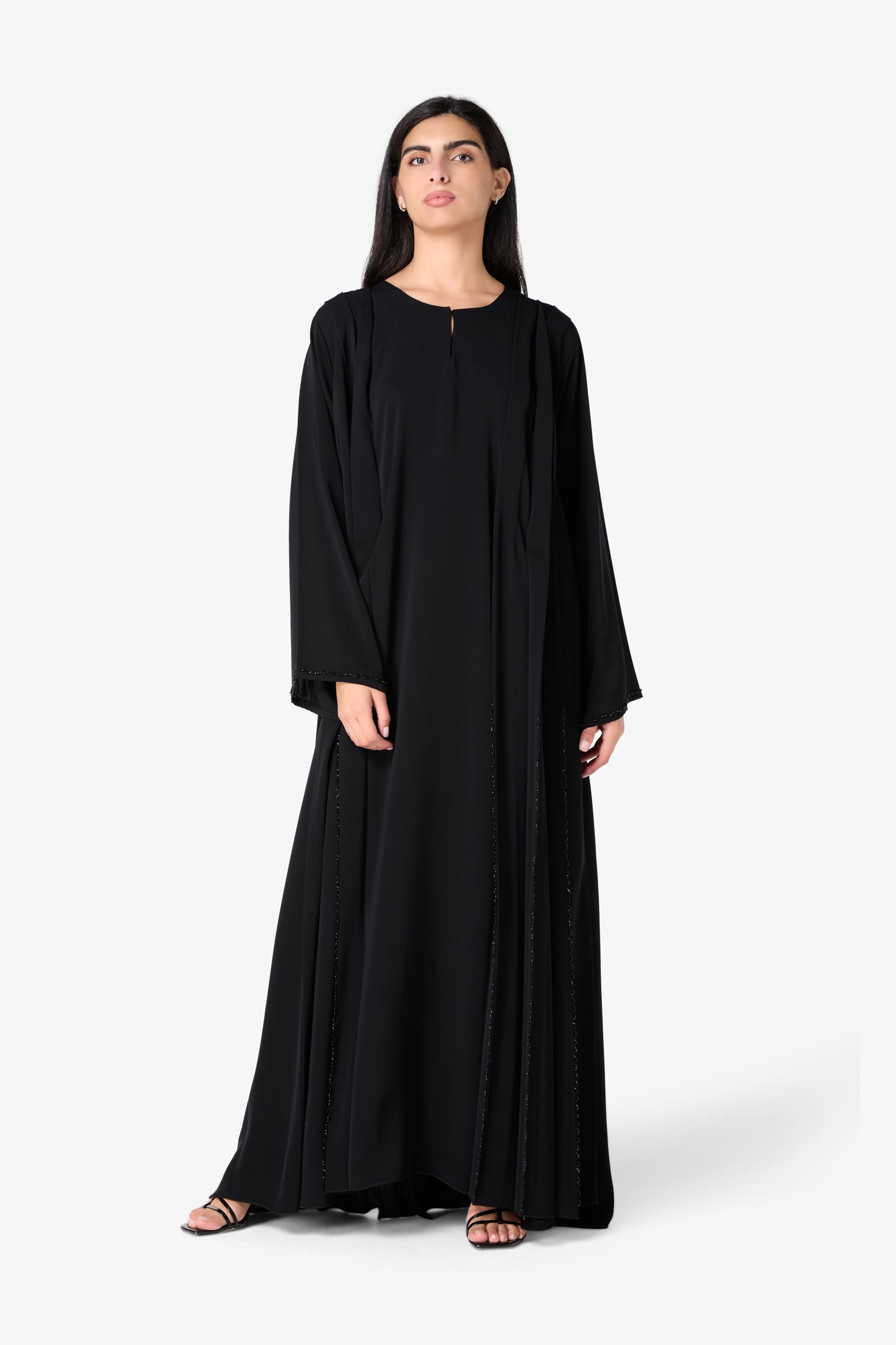 AMAALEEY | Modern Black Abaya with Vertical Details