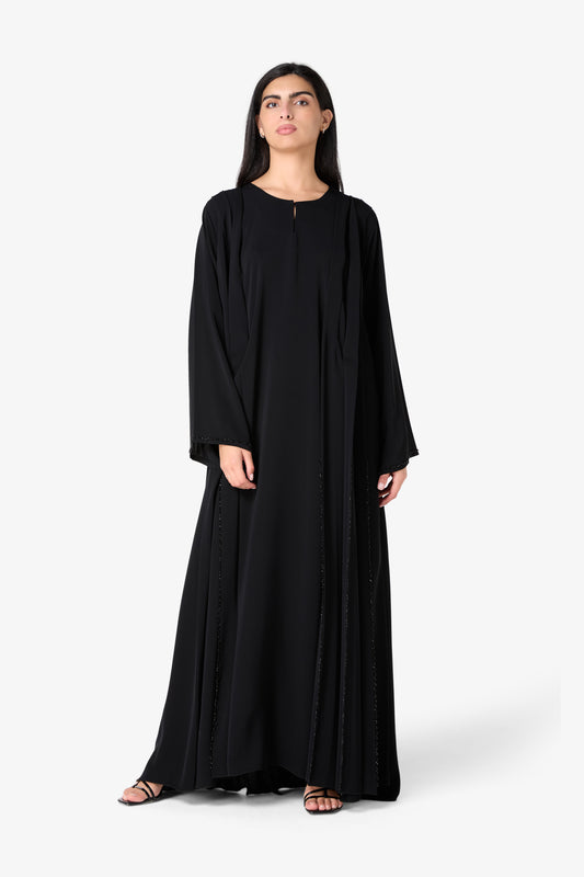 Onyx Serenity Beaded Abaya – Classic Black Maxi with Keyhole Detail