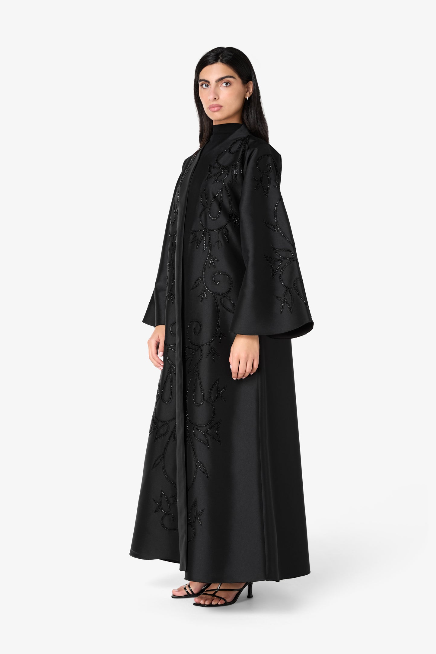 Noir Satin Vine Hand-Beaded Abaya