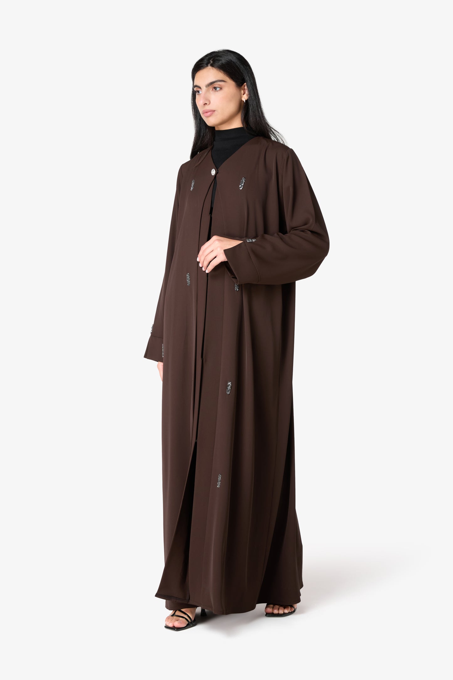 AMAALEEY | Dark Brown Beaded Open Abaya