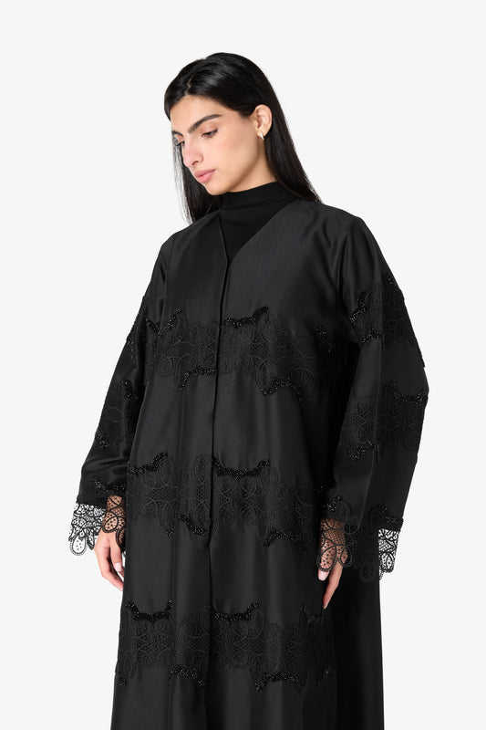 AMAALEEY | Black Lace Beaded Abaya