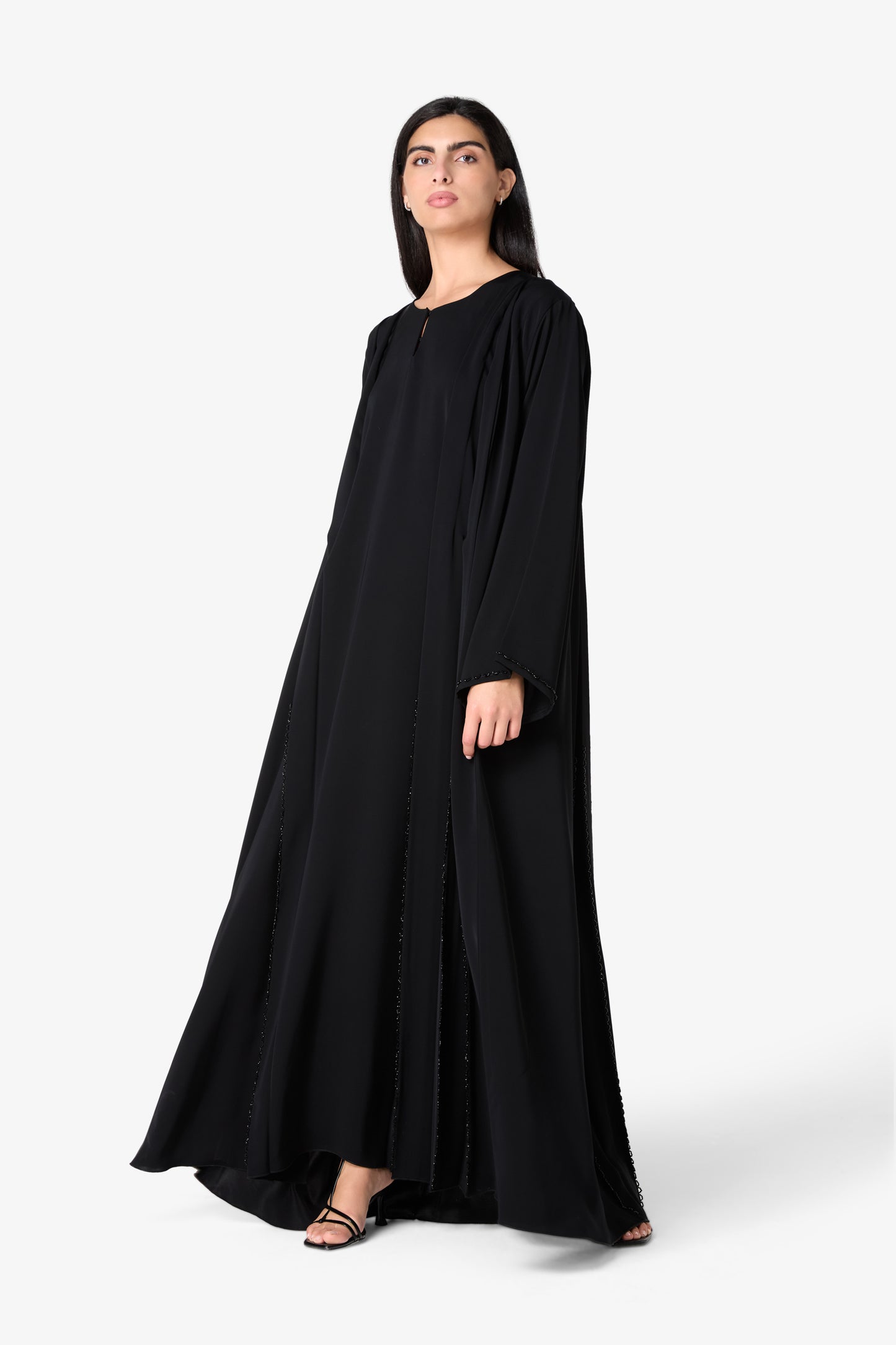 AMAALEEY | Modern Black Abaya with Vertical Details