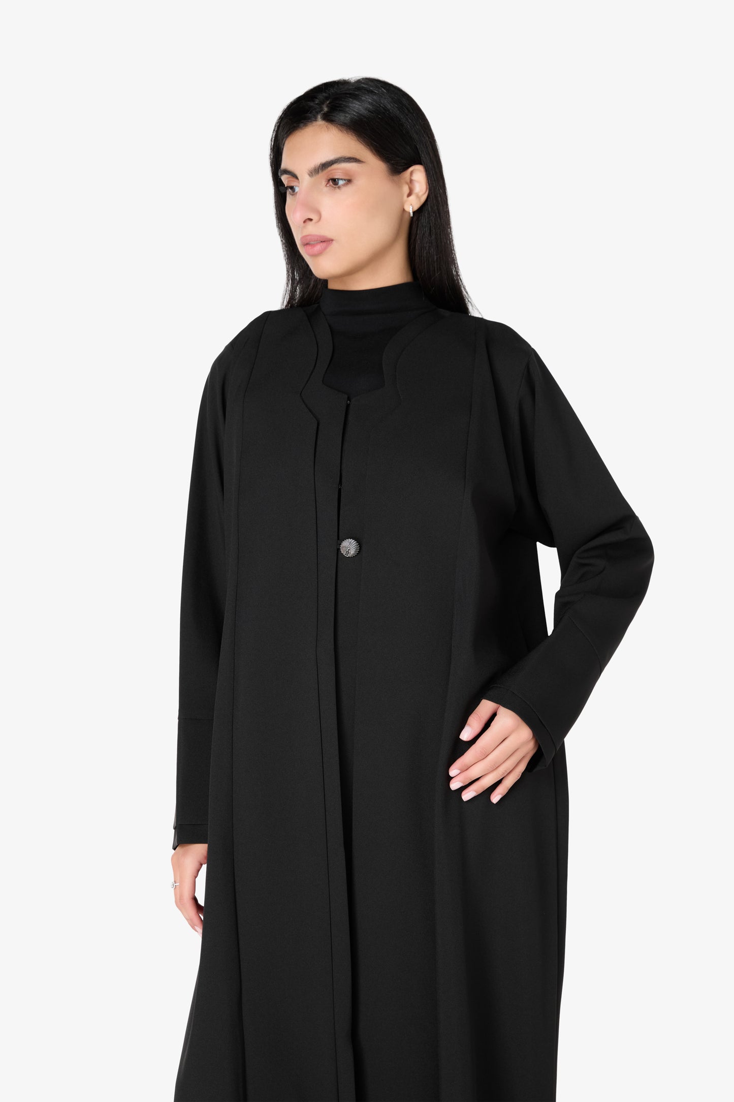 AMAALEEY | Black Layered Shell-Button Abaya