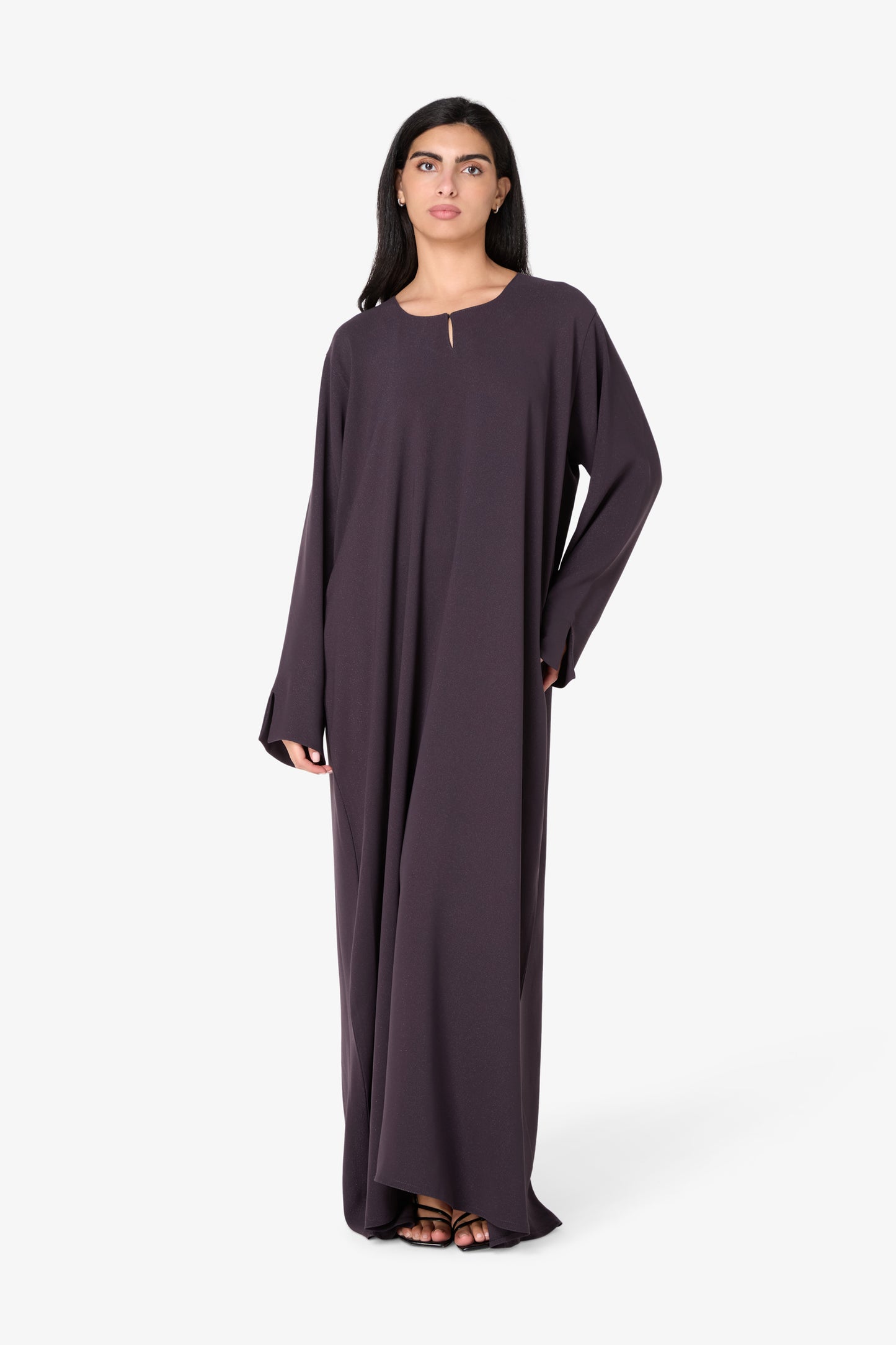 Midnight Plum Shimmer Abaya – Loose Fit Maxi Dress with Keyhole Detail