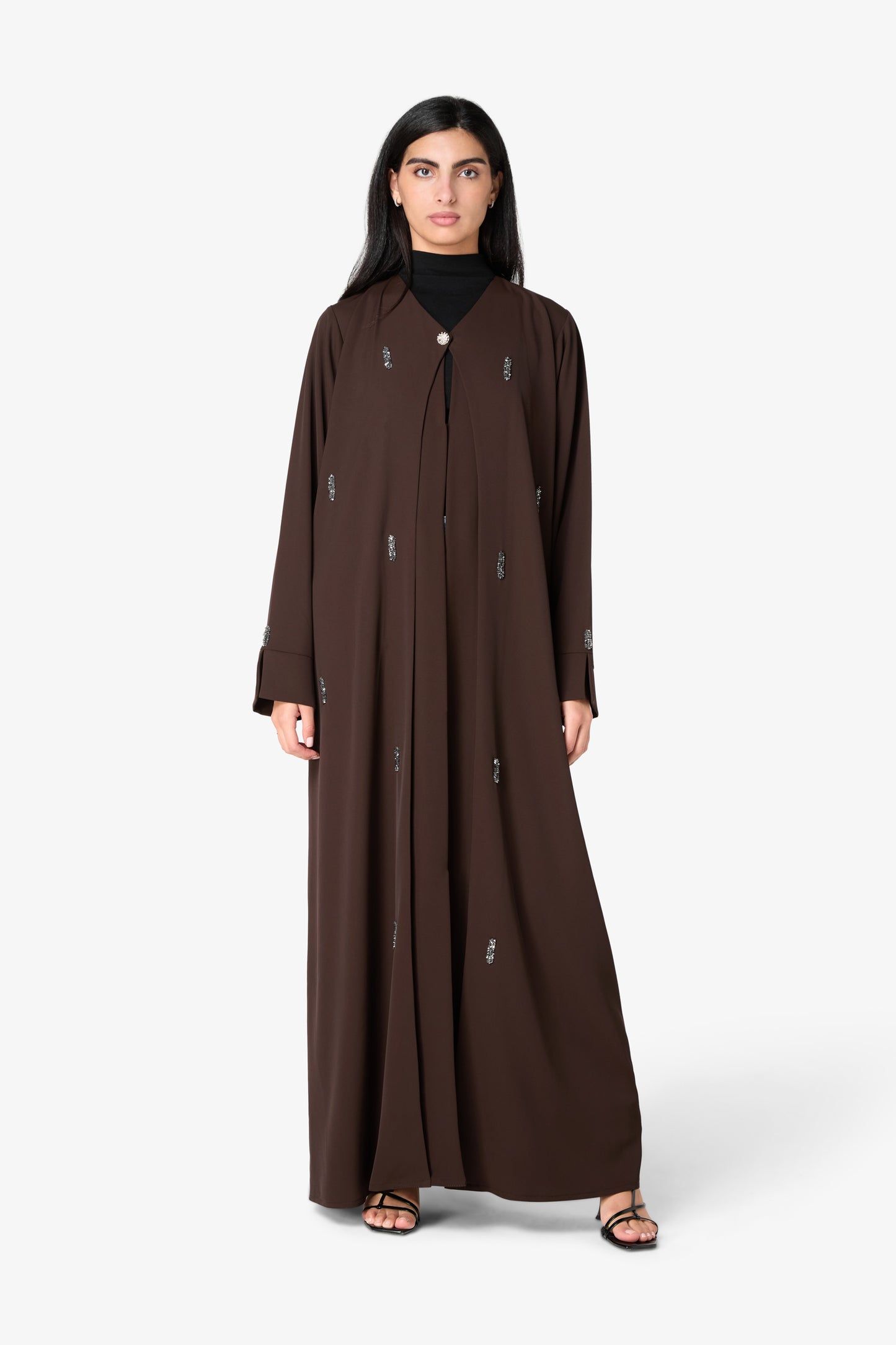 AMAALEEY | Dark Brown Beaded Open Abaya