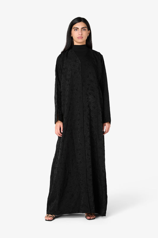 AMAALEEY | Black Textured Floral Embroidered Abaya