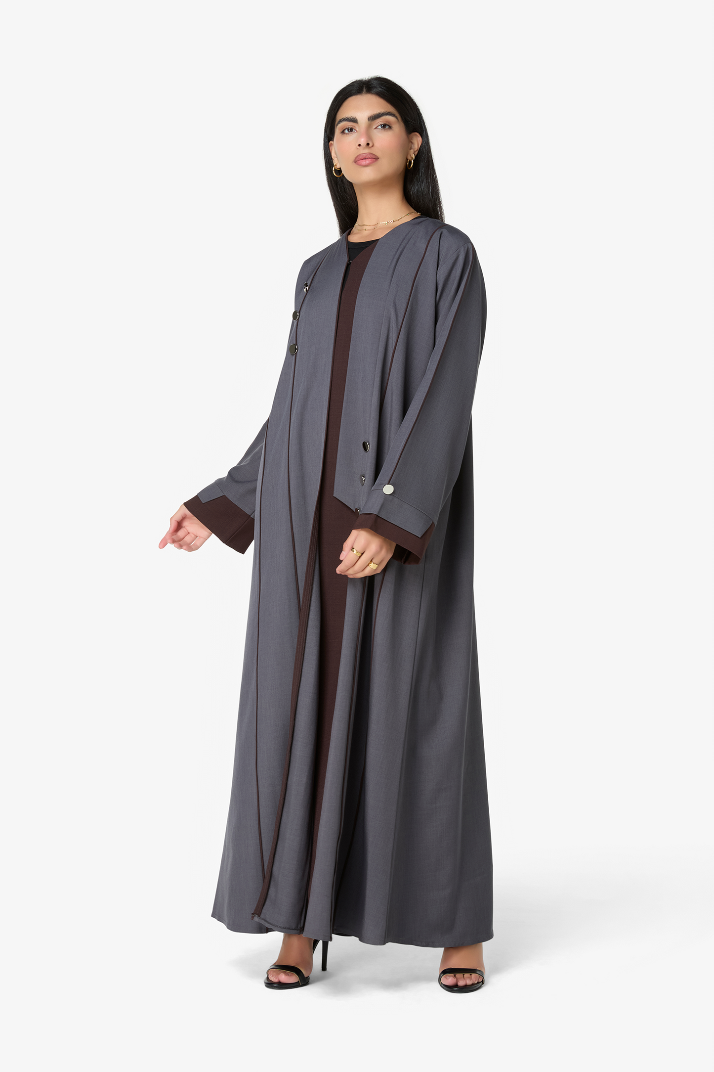 Modern Grey Open-Front Abaya with Contrasting Detailing