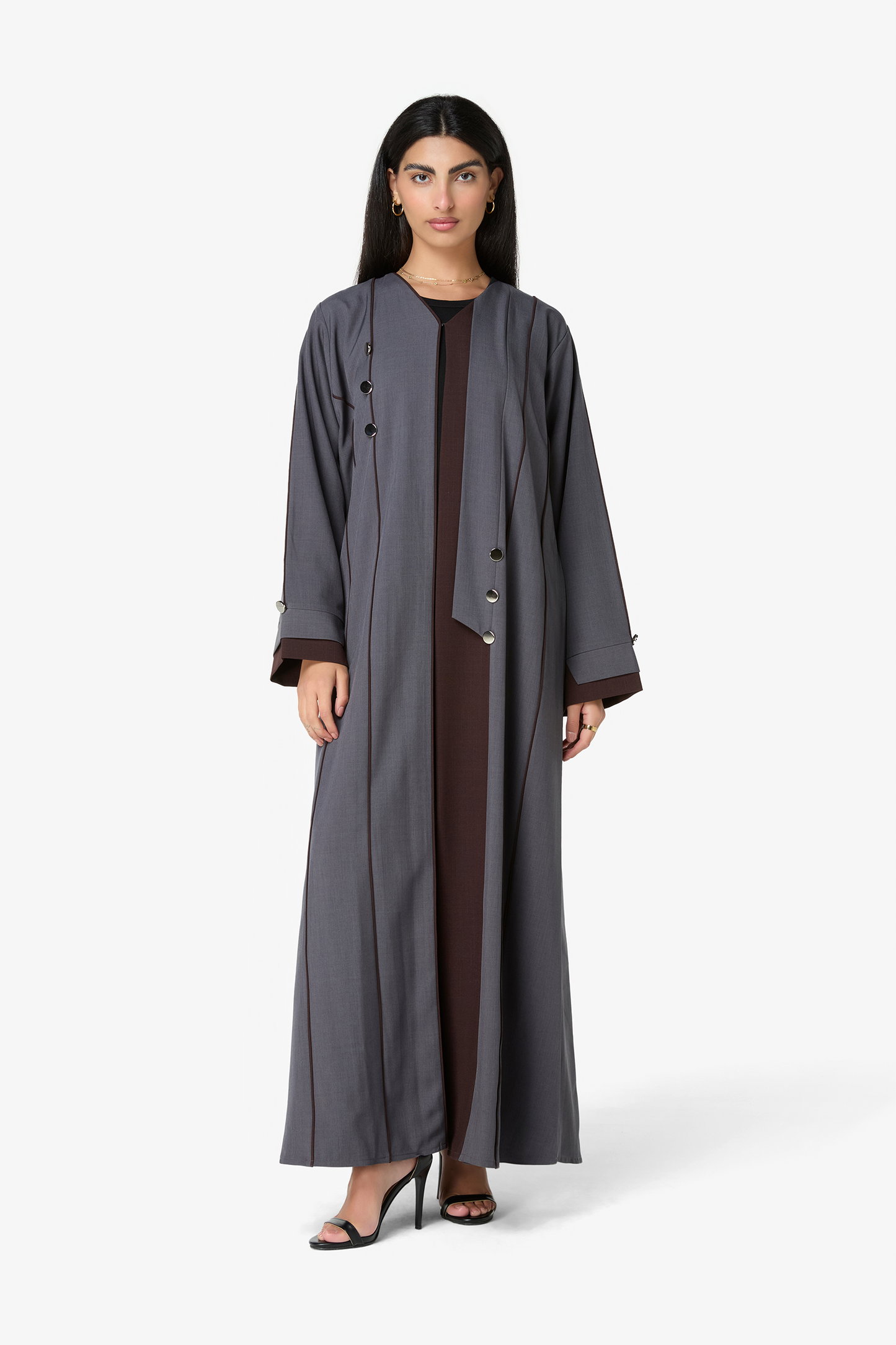 Modern Grey Open-Front Abaya with Contrasting Detailing