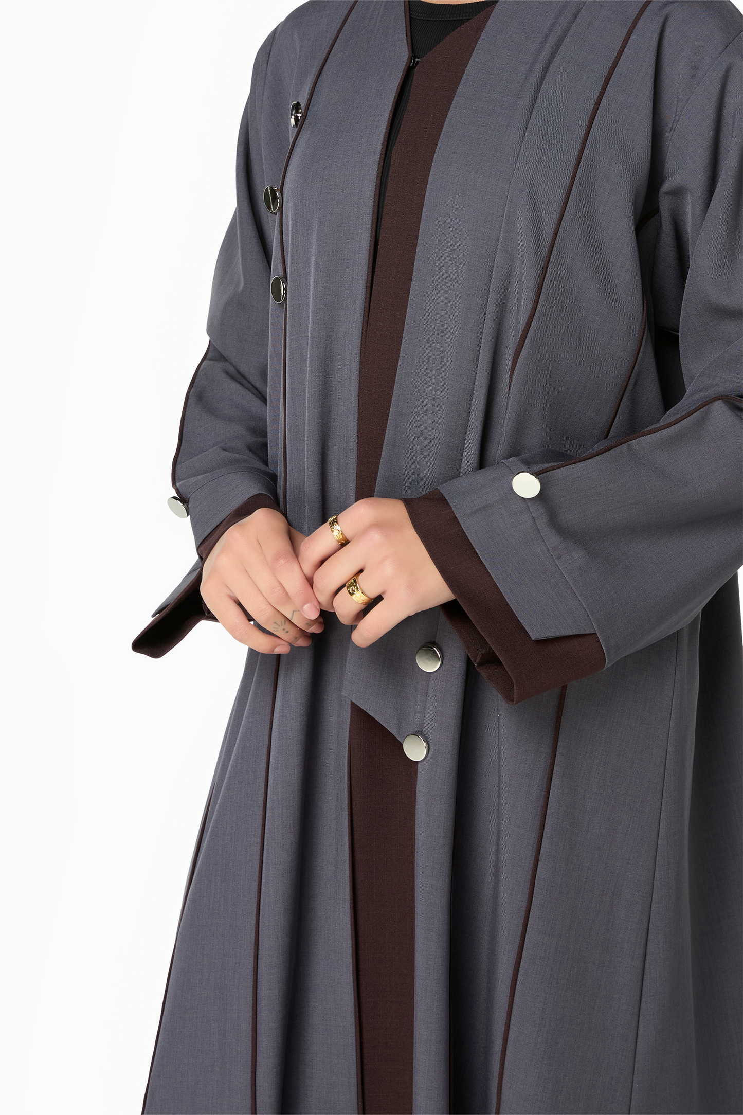 Modern Grey Open-Front Abaya with Contrasting Detailing