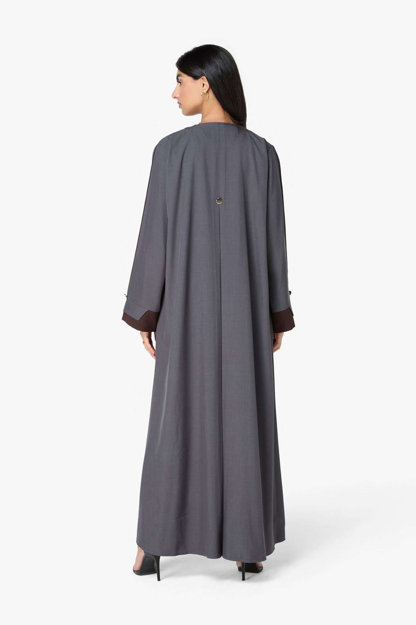Modern Grey Open-Front Abaya with Contrasting Detailing