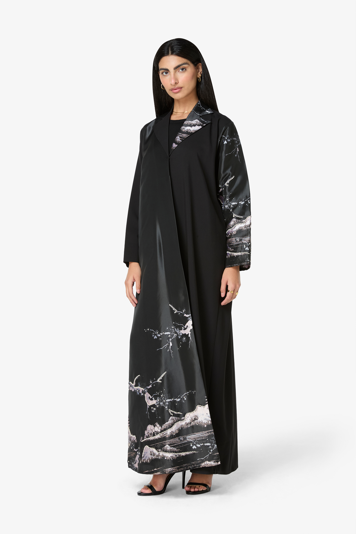 Modern Black Abaya with Abstract Satin Accents