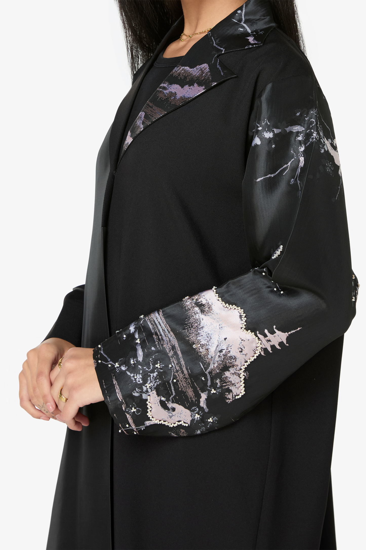 Modern Black Abaya with Abstract Satin Accents