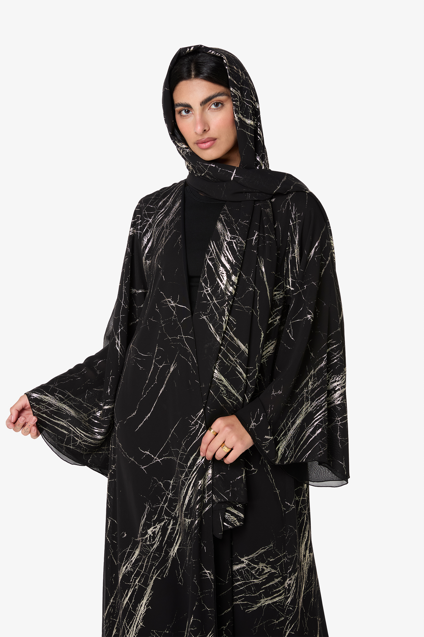 Black Marble Print Abaya with Matching Headscarf